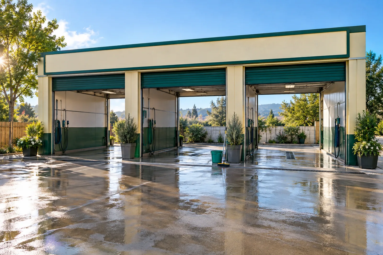 A hand car wash bay in bright sunshine with a crew at work