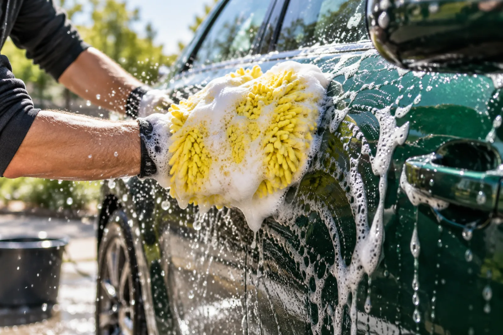 Gloved hands working white foam over a car panel