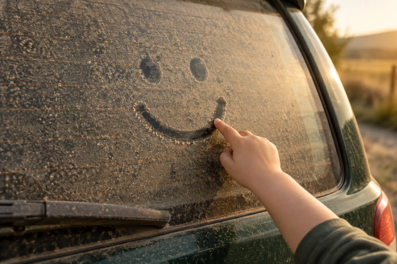 A child writing a message in the dust on a car window